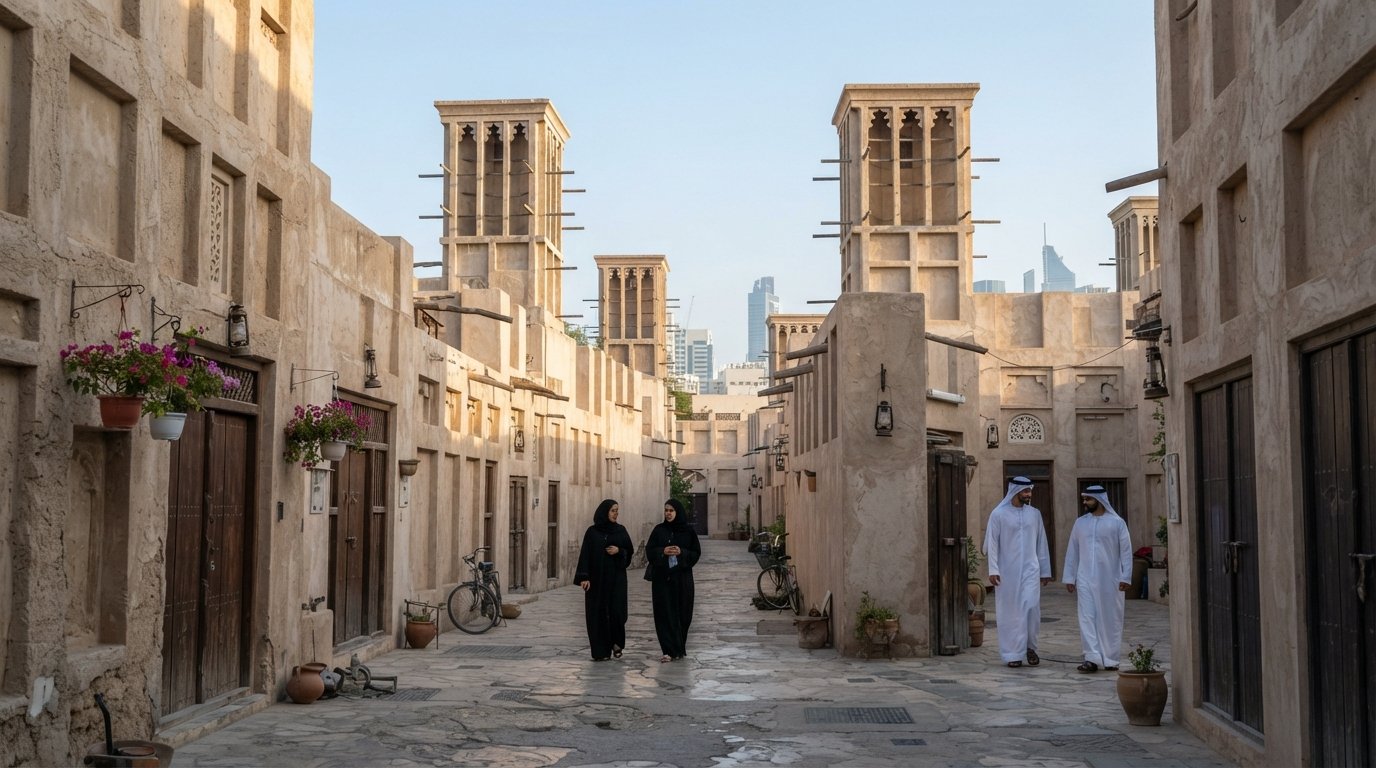 narrow sand-coloured sikkas in Al Fahidi Historical Neighbourhood with barjeel wind towers rising above restored heritage houses in soft morning light