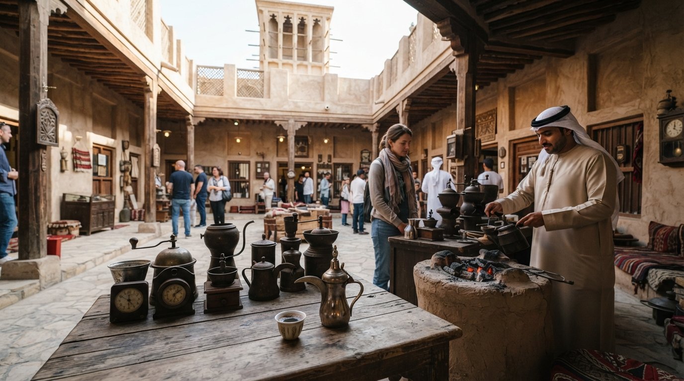 the courtyard and wind-tower interior of the Coffee Museum in Al Fahidi, antique coffee roasters displayed beside a cup of charcoal-brewed qahwa