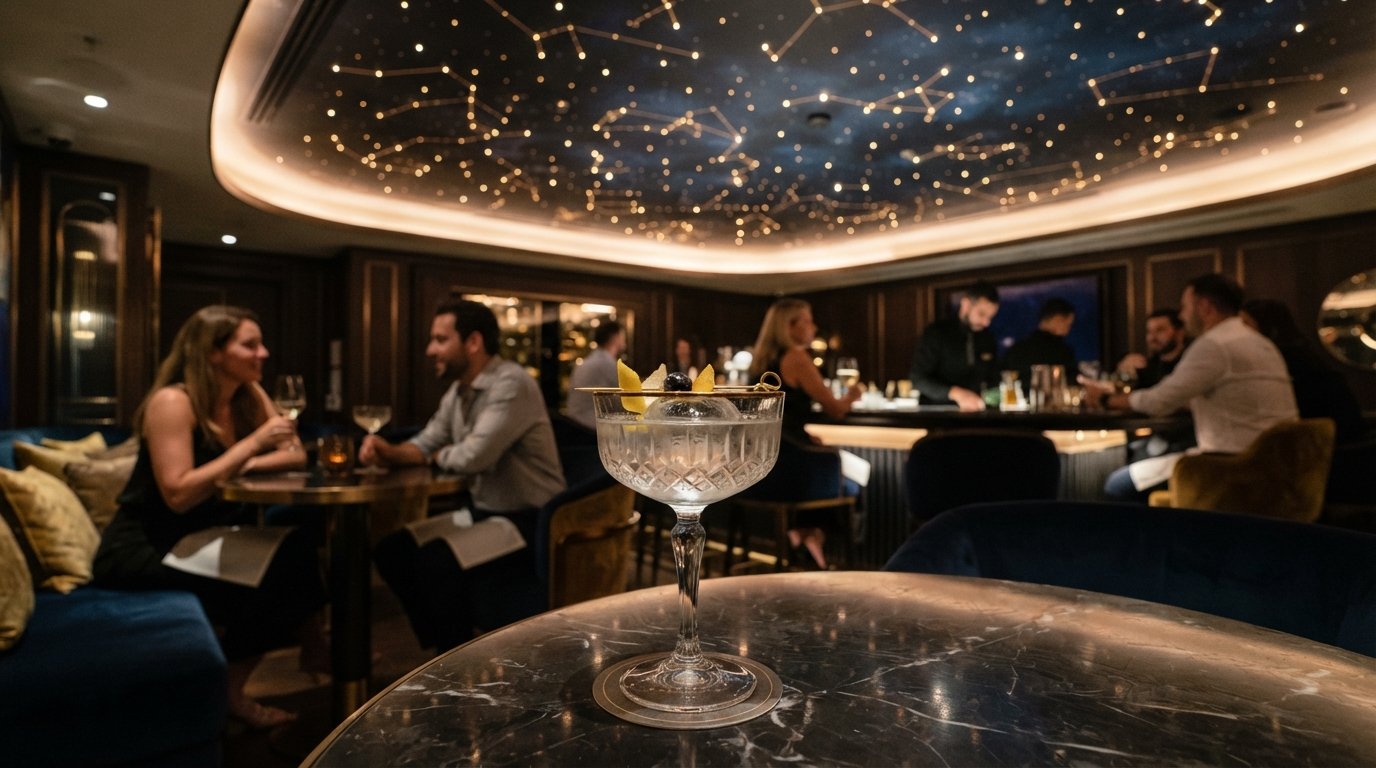 Galaxy Bar in Gate Village 9, an intimate cocktail room with the hand-painted constellation ceiling and a precise drink in the foreground