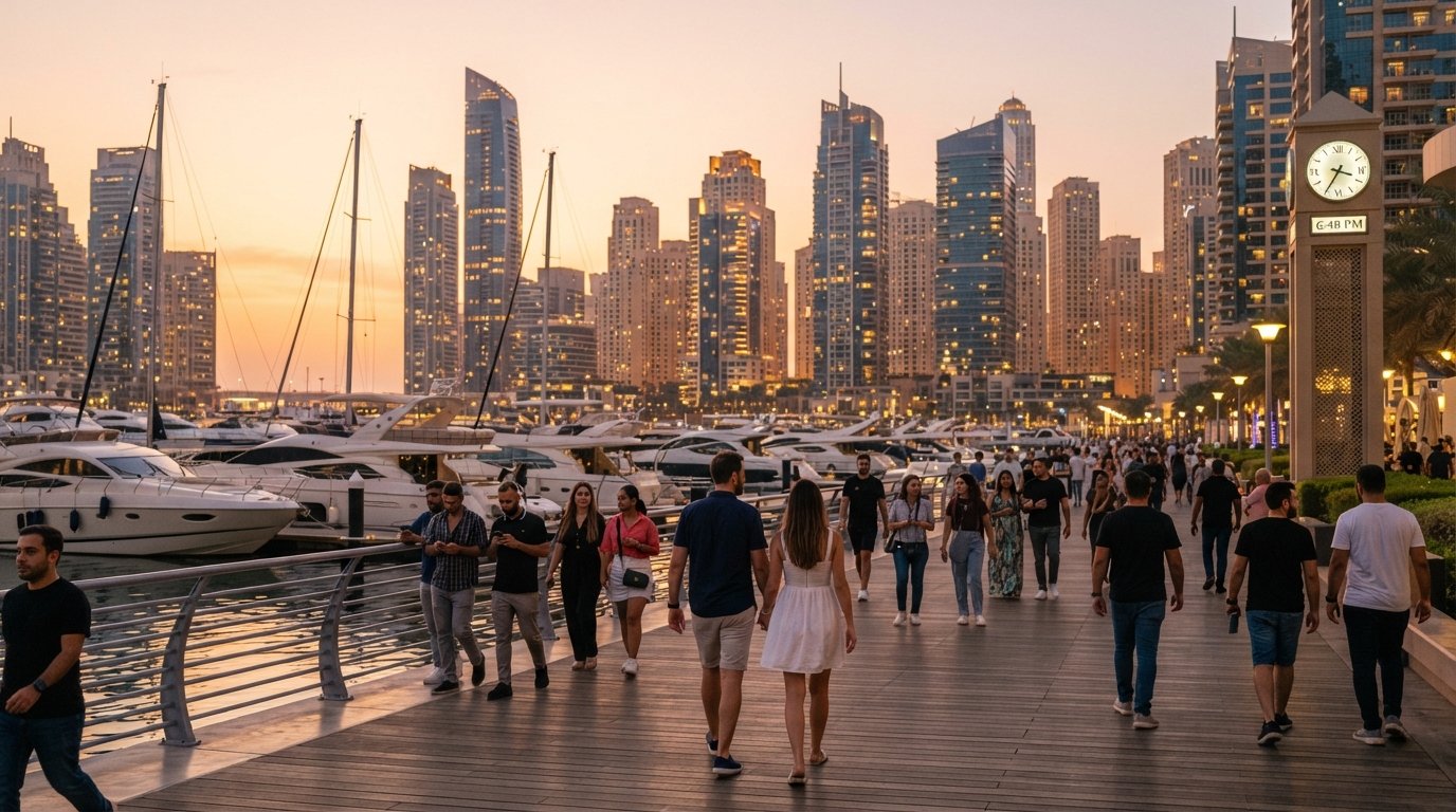 Marina Walk at sunset with yachts moored along the harbour, pedestrians on the wooden promenade and tall glass towers reflecting warm evening light