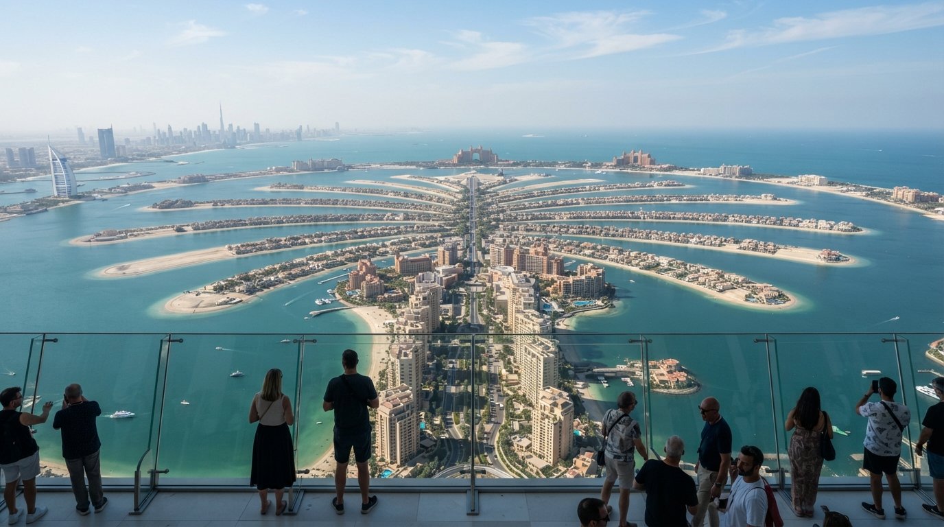 the Palm Jumeirah fronds and crescent seen from The View at The Palm on Level 52, a top-down aerial-style panorama in bright daylight